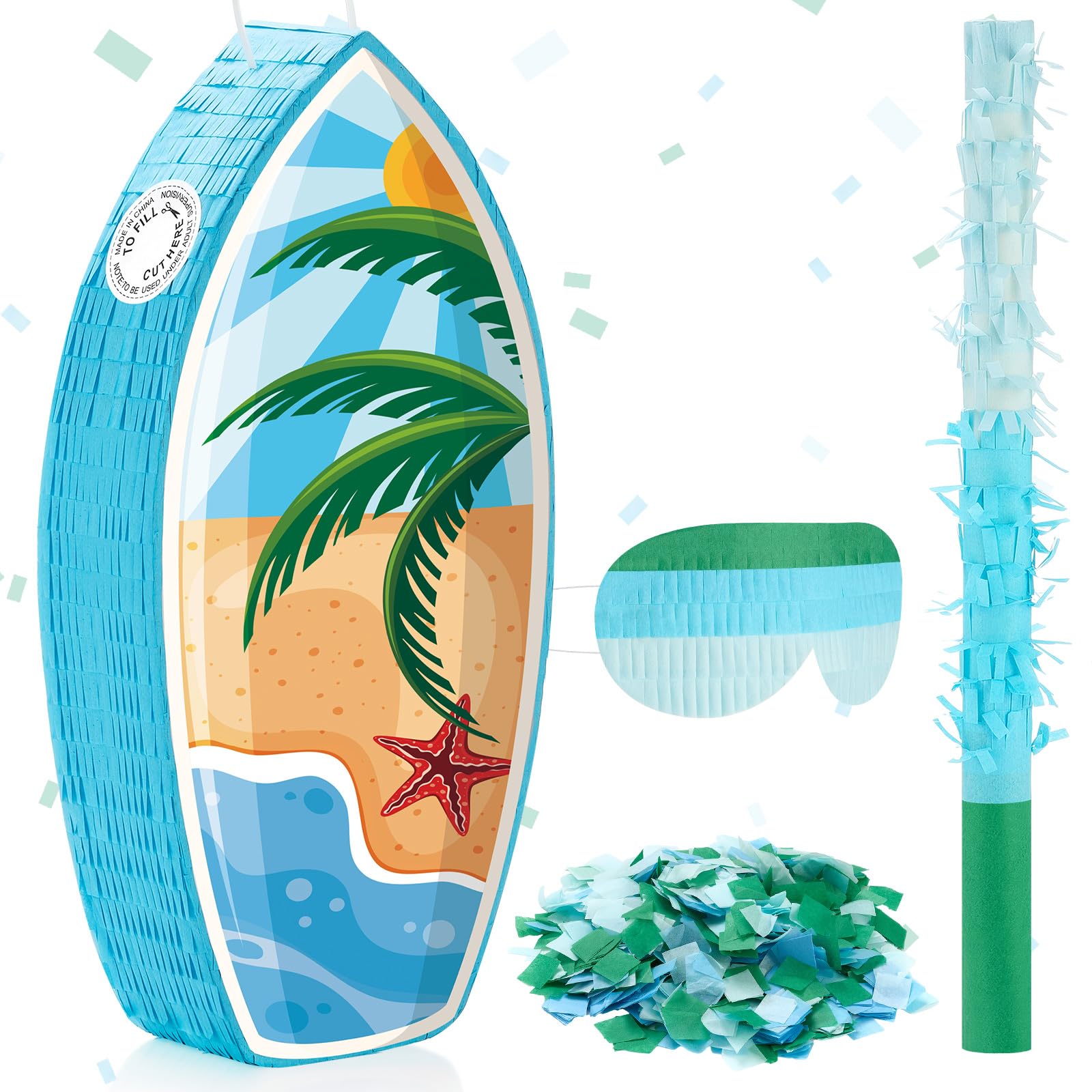 Amazon.com: Lewtemi Surfboard Piñata with Stick Blindfold Confetti